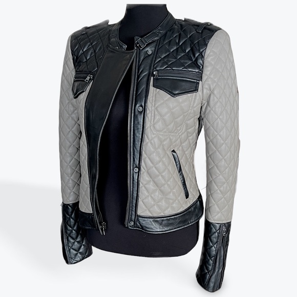 BCBGMAXAZRIA 'Keith' Quilted Lamb Leather Moto Jacket (Black/Taupe) Small $998 - Picture 3 of 9